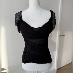 Donna Karan Black Sheer Ruched Corset-Style Top